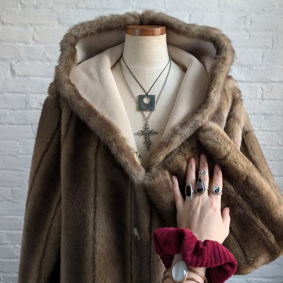 Vintage Brown Faux Fur Coat Vegan Suede Reversible Plush Cozy Trench Jacket - Picture 3 of 11